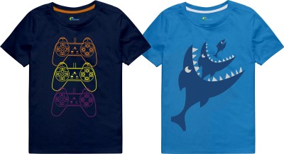 Ariel Boys Graphic Print Cotton Blend T Shirt(Blue, Pack of 2)