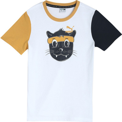 PUMA Boys & Girls Printed Cotton Blend Regular T Shirt(White, Pack of 1)