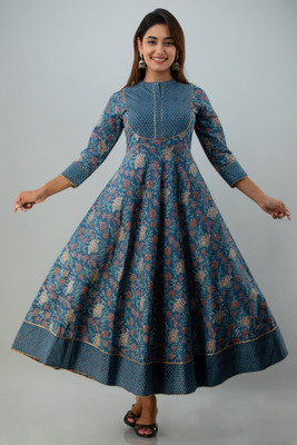 GLAM ROOTS Women Printed Flared Kurta(Blue)