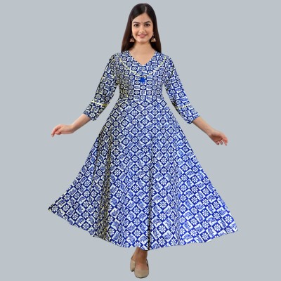 SILVER ORGANISATION Women Floral Print Anarkali Kurta(Blue)