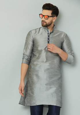 kaifoo Men Solid Straight Kurta(Silver)