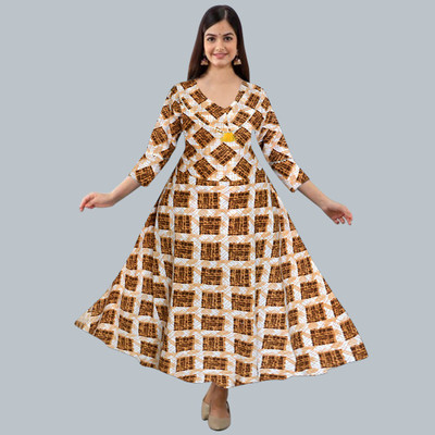 MUDRIKA Women Geometric Print Anarkali Kurta(Brown)