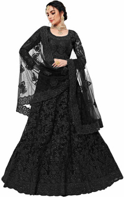 GOWTRAM Embroidered Semi Stitched Lehenga Choli(Black)