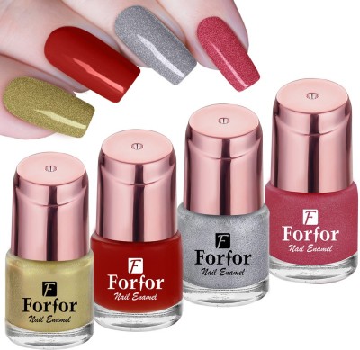 FORFOR Perfect Stay Glossy Nail Polish Combo of 4 Shiny Golden , Deep Red , Shiny Silver , Shiny Pink(Pack of 4)