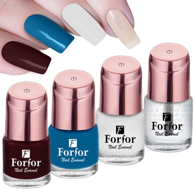 FORFOR Perfect Stay Glossy Nail Polish Combo of 4 Glossy Maroon , Matte Blue , Glossy White , Transparent(Pack of 4)