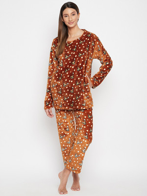 Camey Women Printed Maroon Top & Pyjama Set