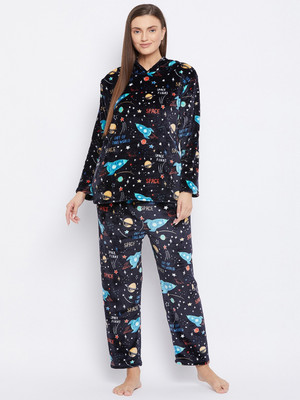 Camey Women Printed Black Top & Pyjama Set