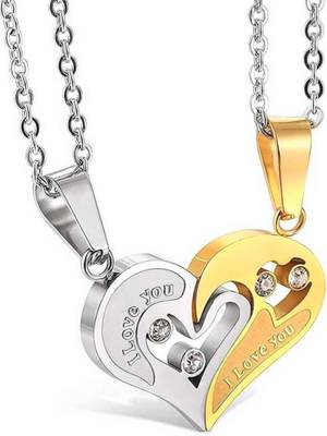 Karishma Kreations Valentine Special Golden-Silver Broken Two Half Heart Shape Love Pendant Locket Necklace Chain Jewellery for Lovers/Couples 2pcs His and Hers Heart-shape I Love You Couple Necklace Lovers Heart I Love You Engraved Rhodium Alloy Pendant Set For men boys women girls Valentine Special Gifts His and Hers Lover Couple Love Heart 2 Piece Joining Couple Pendants Necklace Chain Pair Love Heart Cubic Zirconia CZ I Love You Puzzle Matching Couple Pendant Necklace for Men Women Girls Boys Friendship Relationship Promise Love Fashion Jewelry, Silver, Gold-plated, Platinum, Titanium Cubic Zirconia, Crystal Stainless Steel, Alloy, Brass Pendant Set