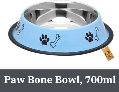 Foodie Puppies Stainless Steel Paw Bone Printed Food Water Feeding Bowl for Dogs & Puppies (Medium, 700ml, Sky Blue) Round Steel Pet Bowl(700 ml Blue)