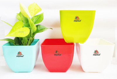 AGAMI Premium Square Shape 5 inch Pearl Pots for Flower and Plants Plant Container Set(Pack of 4, Plastic)