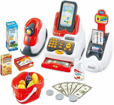 Richuzers Supermarket Cash Register Play Set with Real Counter Sound for Kids with Checkout Scanner,Fruit Card Reader, Credit Card Machine, Play Money and Food Shopping Play Set,Plastic,Multi color, Pack of 20+ accessories
