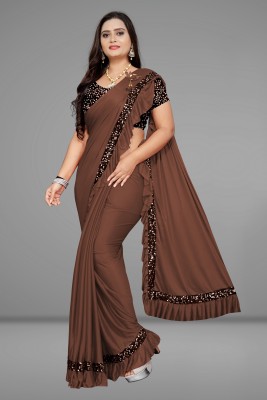 KJP VILLA Self Design Bollywood Lycra Blend Saree(Brown)