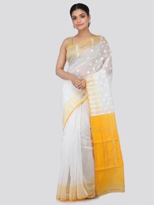 PinkLoom Woven Jamdani Handloom Pure Cotton Saree(White)