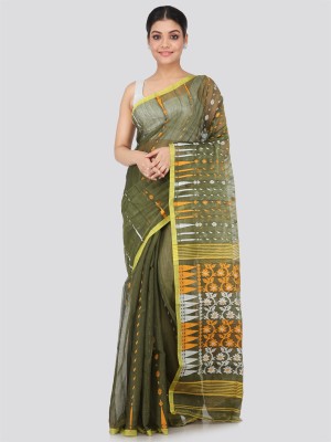 PinkLoom Woven Jamdani Handloom Pure Cotton Saree(Green)