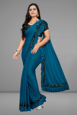 PINK WISH Solid/Plain Bollywood Silk Blend Saree(Light Blue)