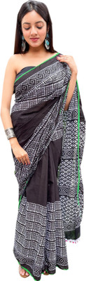 SHIVANYA HANDICRAFTS Blocked Printed Daily Wear Pure Cotton Saree(Black)
