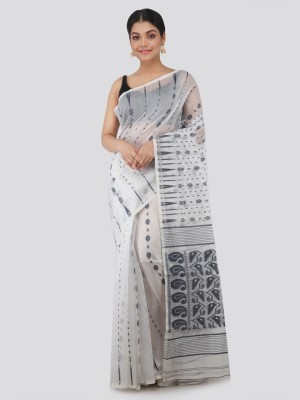 PinkLoom Woven Jamdani Handloom Pure Cotton Saree(White)