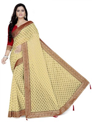 AKFABRICS Printed Bollywood Lycra Blend Saree(Cream)