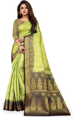 iZibra Self Design, Woven Banarasi Art Silk, Pure Cotton Saree(Dark Blue, Green)