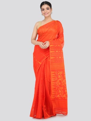 PinkLoom Printed Jamdani Pure Cotton Saree(Orange)