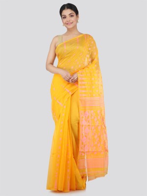 PinkLoom Woven Jamdani Handloom Pure Cotton Saree(Yellow)