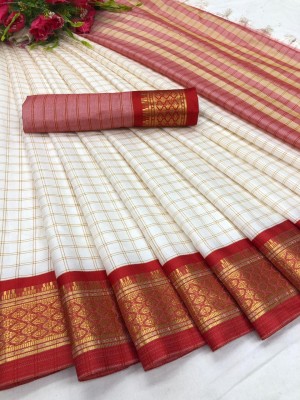 FASHIONVED Checkered Daily Wear Cotton Silk Saree(Red, White)