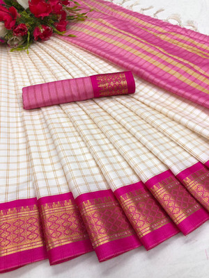 FashionPallavi Checkered Chettinadu Jacquard, Cotton Silk Saree(White, Pink)