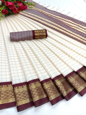 RUHKURSH Woven, Checkered Chettinadu Cotton Silk, Jacquard Saree(White, Maroon)