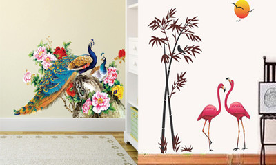 GharKraft 90 cm Royal Peacock and Sunset Swan Self Adhesive Sticker(Pack of 2)