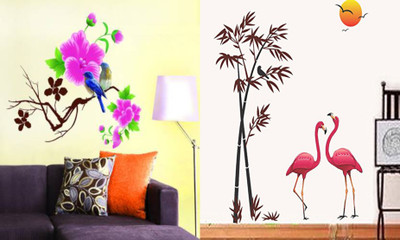 Walltech 90 cm Blue Bird and Sunset Swan Self Adhesive Sticker(Pack of 2)