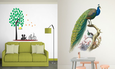 Walltech 90 cm Kids under tree and Nature Peacock Self Adhesive Sticker(Pack of 2)