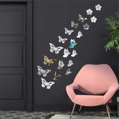 LOOK DECOR 60 cm Butterfly Silver acrylic mirror wall sticker-B2BLD300 Self Adhesive Sticker(Pack of 20)