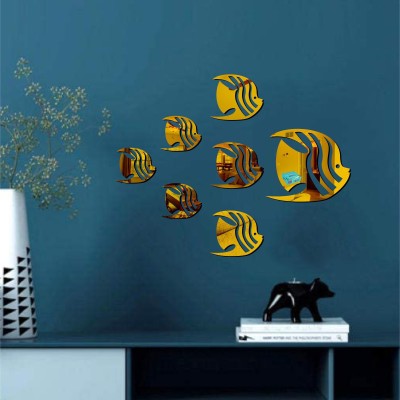 LOOK DECOR 60 cm 7 Fish Aquarium Golden acrylic mirror wall sticker-LD370 Self Adhesive Sticker(Pack of 7)