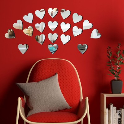 LOOK DECOR 60 cm 20 Heart Silver acrylic mirror wall sticker-LD390 Self Adhesive Sticker(Pack of 20)