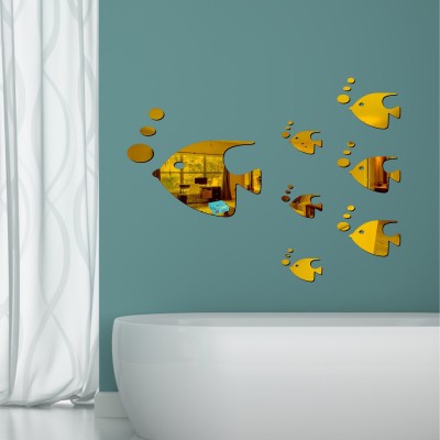 LOOK DECOR 60 cm 7 Fishes 21 Dot Golden acrylic mirror wall sticker-LD373 Self Adhesive Sticker(Pack of 28)