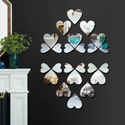 LOOK DECOR 60 cm 12 Large 12 Small Heart Silver acrylic mirror wall sticker-LD378 Self Adhesive Sticker(Pack of 24)