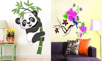 Walltech 90 cm Baby Panda and blue bird Self Adhesive Sticker(Pack of 2)
