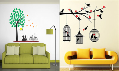 Walltech 90 cm Kids under tree and Love Birds With Hearts Self Adhesive Sticker(Pack of 2)