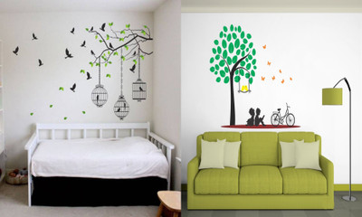 Walltech 90 cm Flying Bird with Cage and Kids under tree Self Adhesive Sticker(Pack of 2)