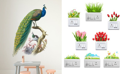 Walltech 90 cm Nature Peacock and SB Flower Self Adhesive Sticker(Pack of 2)