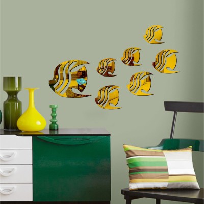 LOOK DECOR 60 cm 7 Fish Aquarium Golden acrylic mirror wall sticker-B2BLD385 Self Adhesive Sticker(Pack of 7)
