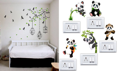Walltech 90 cm Flying Bird with Cage and SB Panda Self Adhesive Sticker(Pack of 2)
