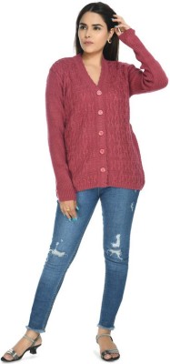 manra Self Design V Neck Casual Women Pink Sweater