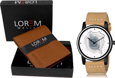 LOREM WL02-LR68 Combo Of Beige Wrist Watch & Tan Color Artificial Leather Wallet Analog Watch  - For Men