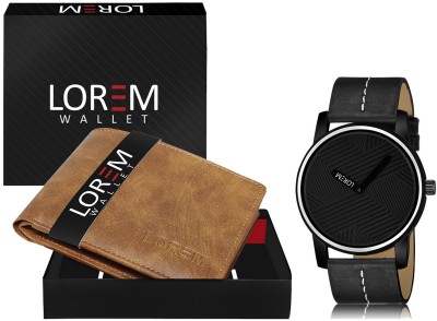 LOREM WL13-LR67 Combo Of Black Wrist Watch & Beige Color Artificial Leather Wallet Analog Watch  - For Men