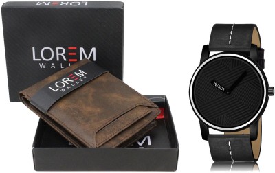 LOREM WL04-LR67 Combo Of Black Wrist Watch & Brown Color Artificial Leather Wallet Analog Watch  - For Men