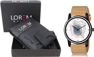 LOREM WL08-LR68 Combo Of Beige Wrist Watch & Black Color Artificial Leather Wallet Analog Watch  - For Men