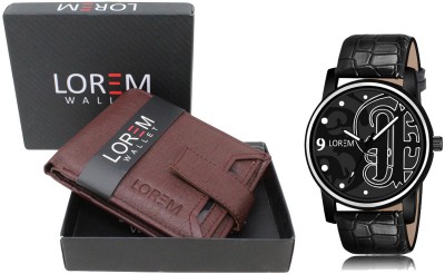 LOREM WL09-LR70 Combo Of Black Wrist Watch & Maroon Color Artificial Leather Wallet Analog Watch  - For Men