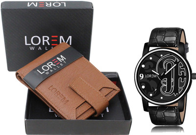 LOREM Watch & Wallet Combo(Tan, Black)