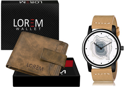 LOREM WL23-LR68 Combo Of Beige Wrist Watch & Brown Color Artificial Leather Wallet Analog Watch  - For Men